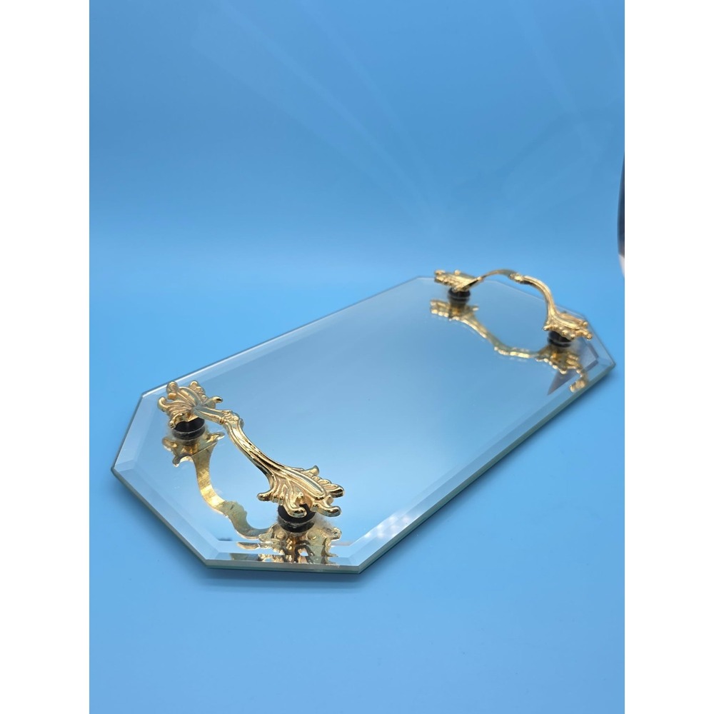 Beveled Mirror Vanity Tray w Handles Embedded Gold Brassy Ornate Perfume Decor